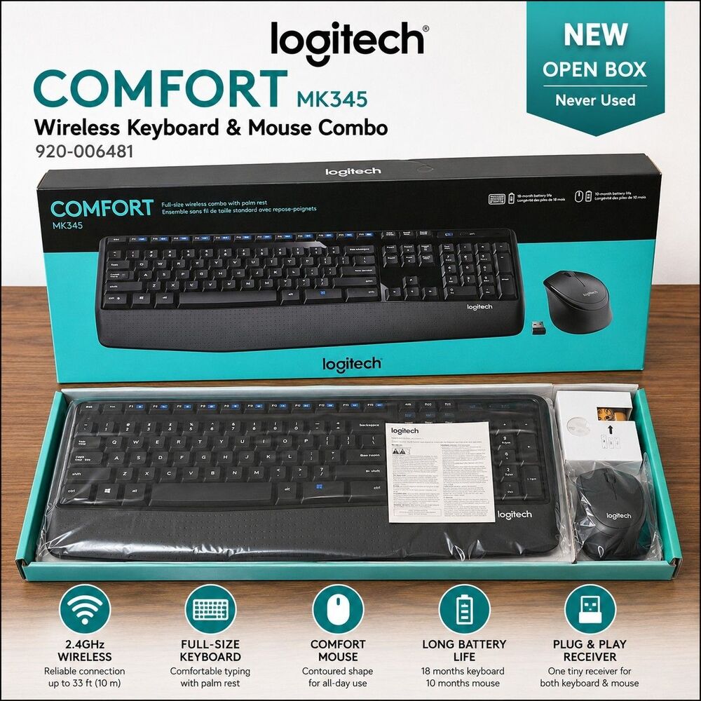 Logitech MK345 Comfort Wireless Keyboard Mouse Combo New Open Box 920-006481